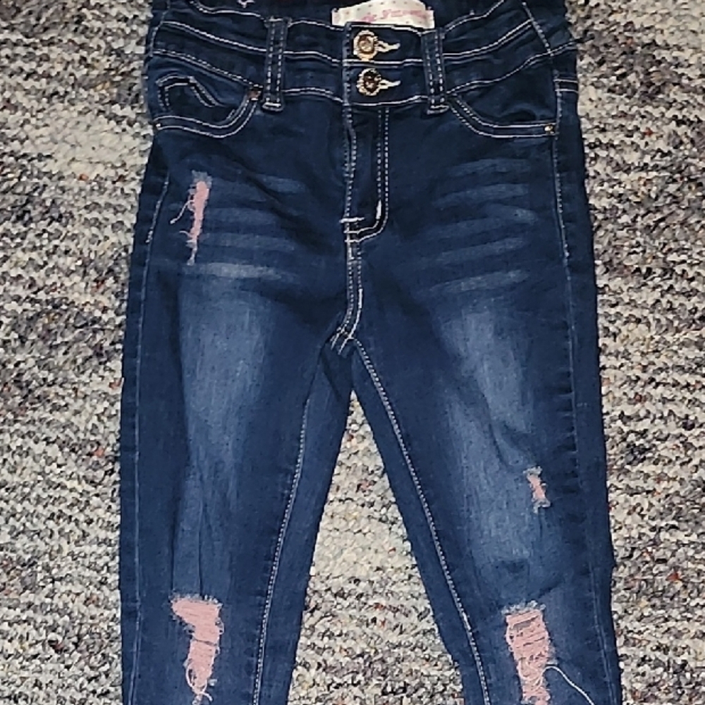 Blue Distressed Straight Leg Jeans with Fading